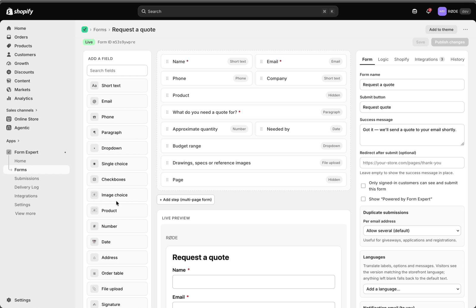 Form builder with field palette, canvas and form settings