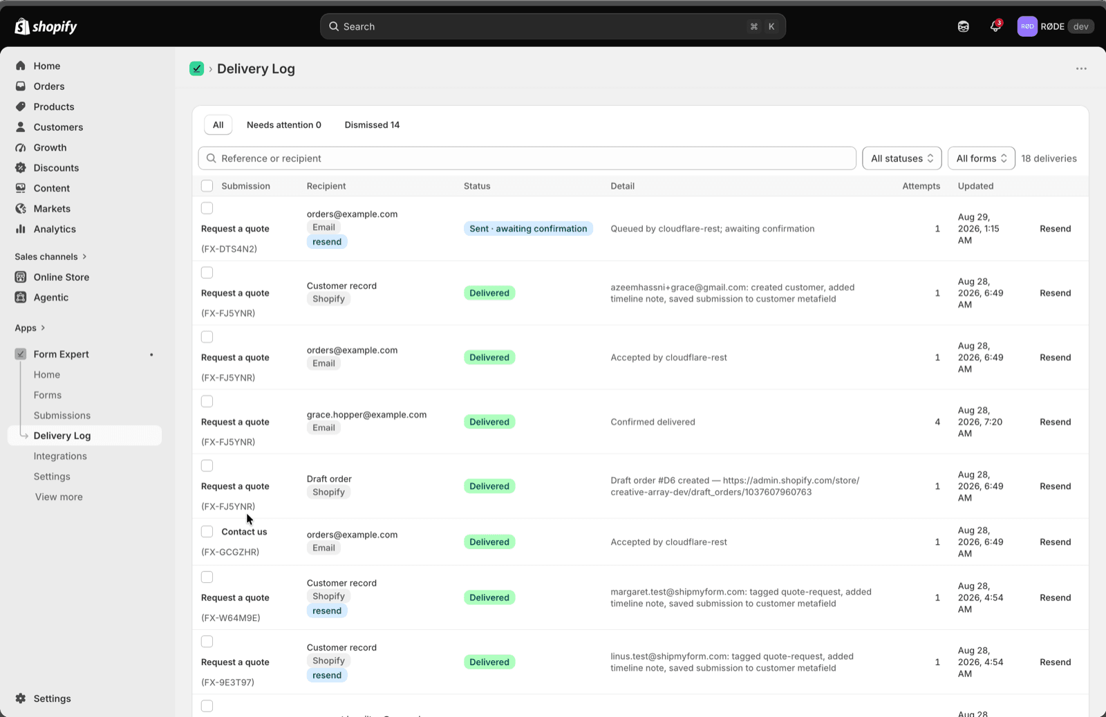 Delivery Log with status, attempts and Resend per notification