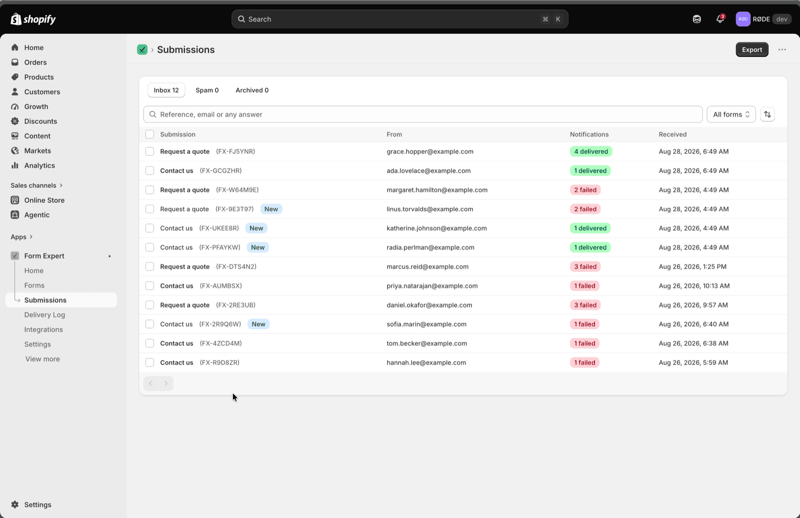 Submissions inbox with search, filters and delivery status